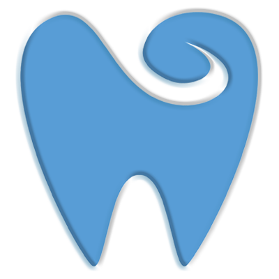 The image displays a stylized graphic of a tooth with a blue swirl design above it, resembling a logo, set against a black background.